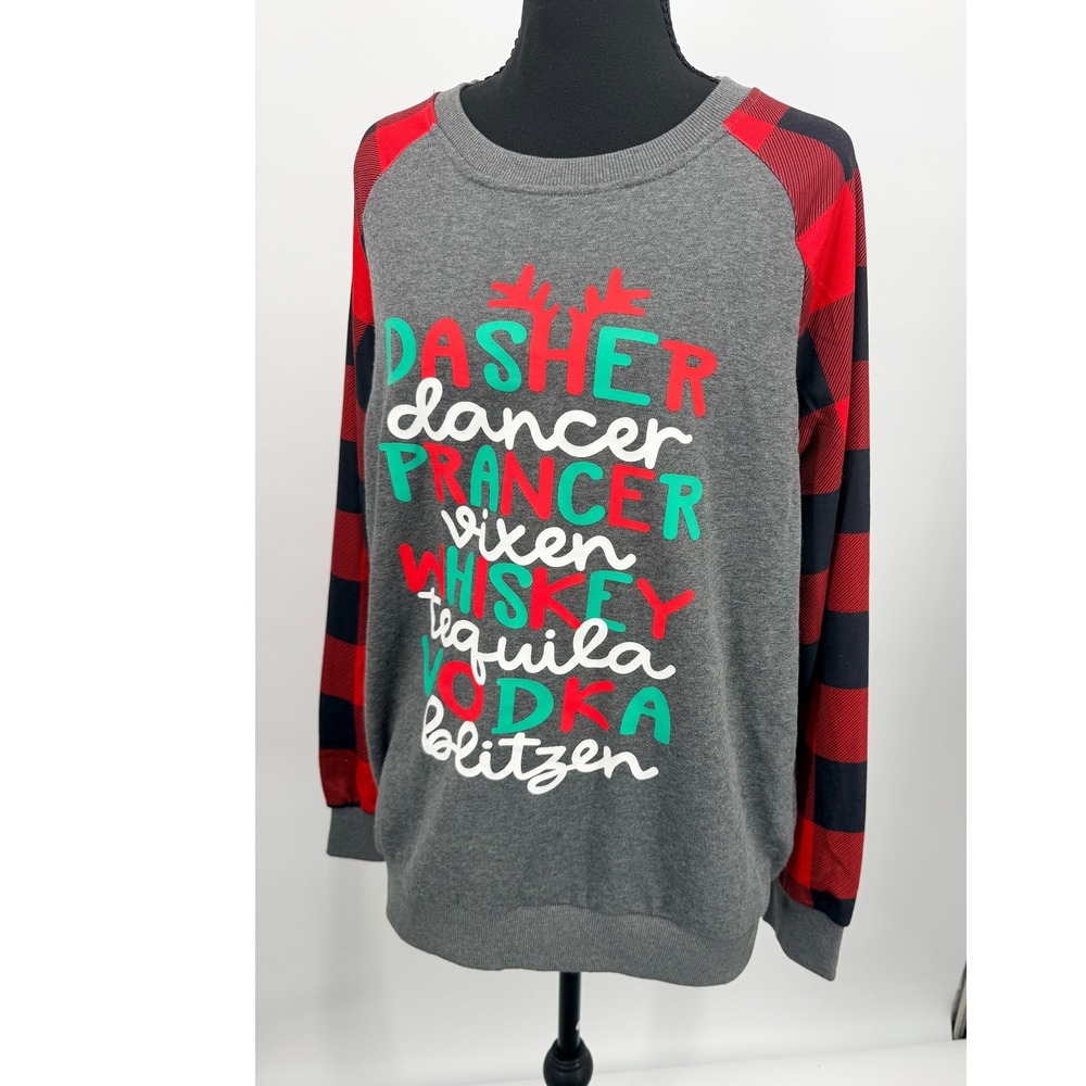 Reindeer Liquor List Sweatshirt Women Medium Gray Plaid Excellent